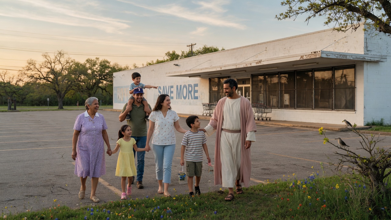 A family walking a country path with Jesus as a close friend